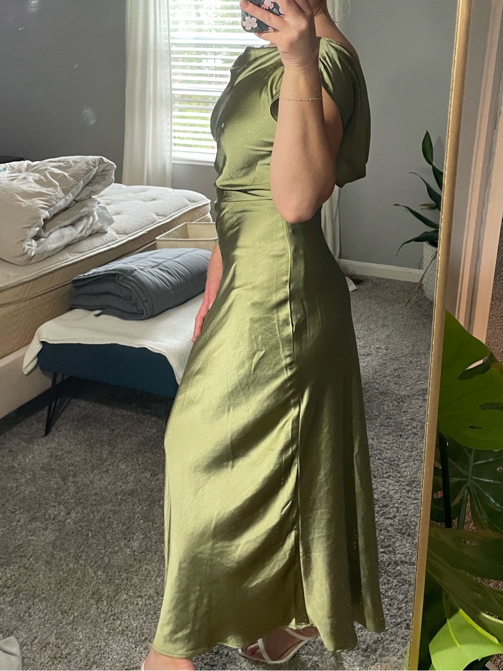 NWT Olive Green Satin Cowl Neck Midi Dress wedding guest fall wedding bridesmaid - Picture 2 of 13